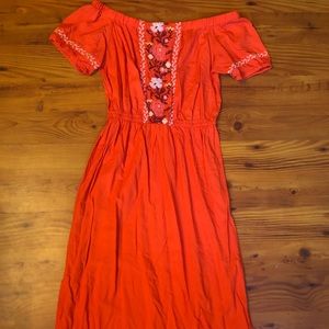 Red, boho embroidered, off shoulder midi dress